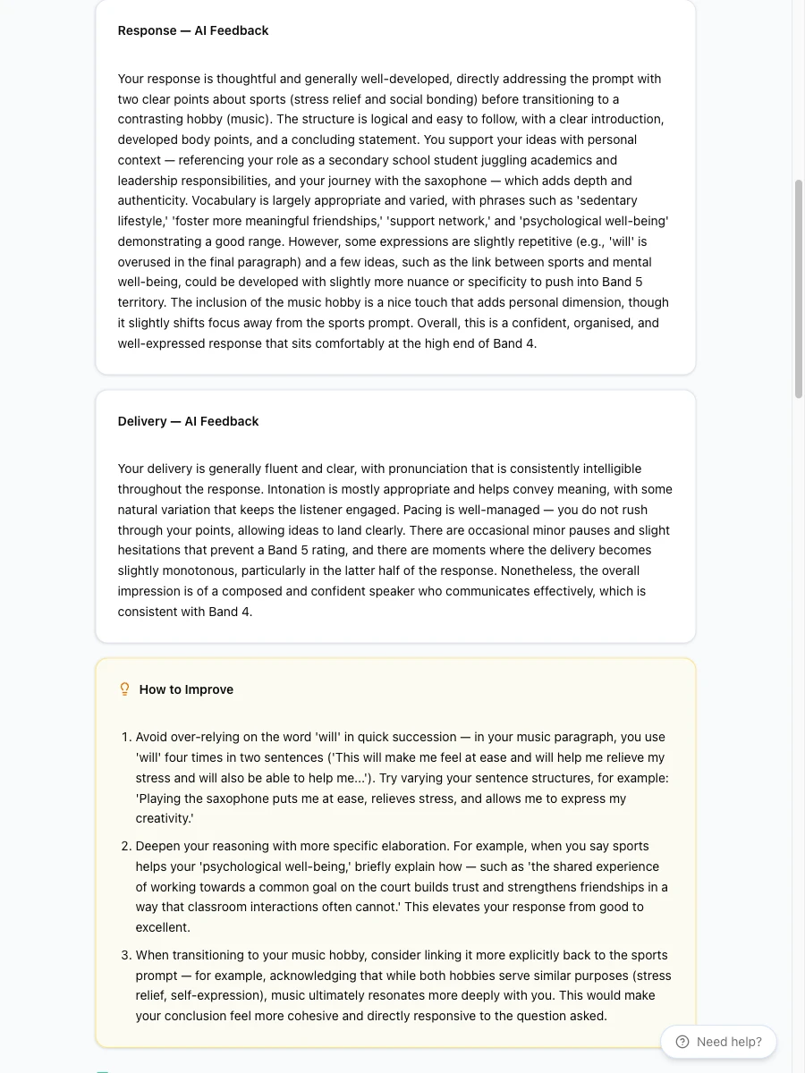 The AI's per-criterion written feedback and a short how-to-improve