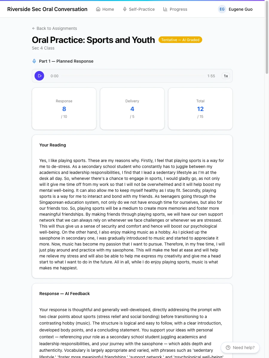 An AI-graded oral response with banded scores