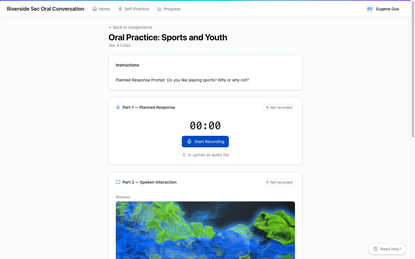 A student recording an oral response in the browser