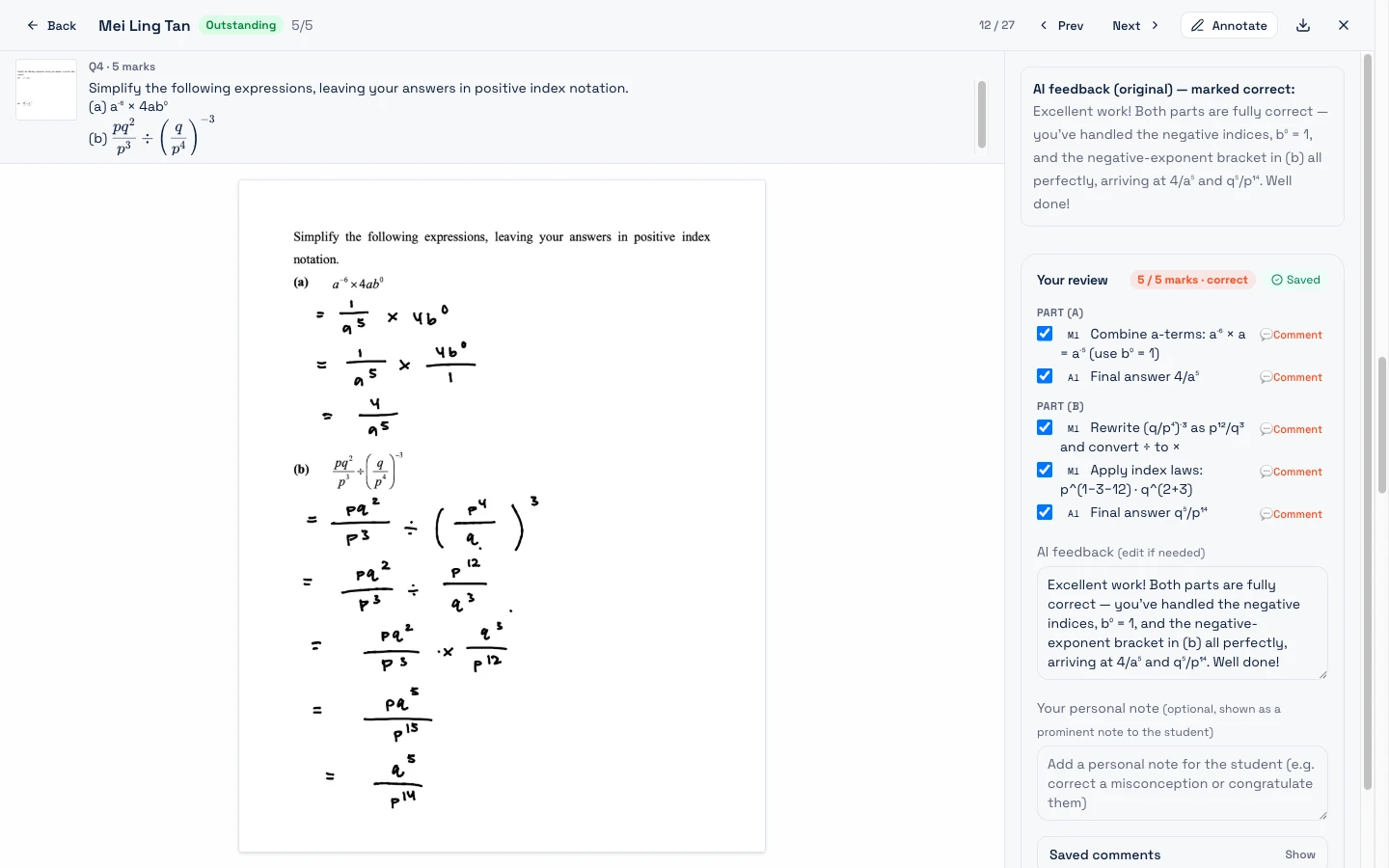 Teacher review of an AI-graded math submission with per-step marks